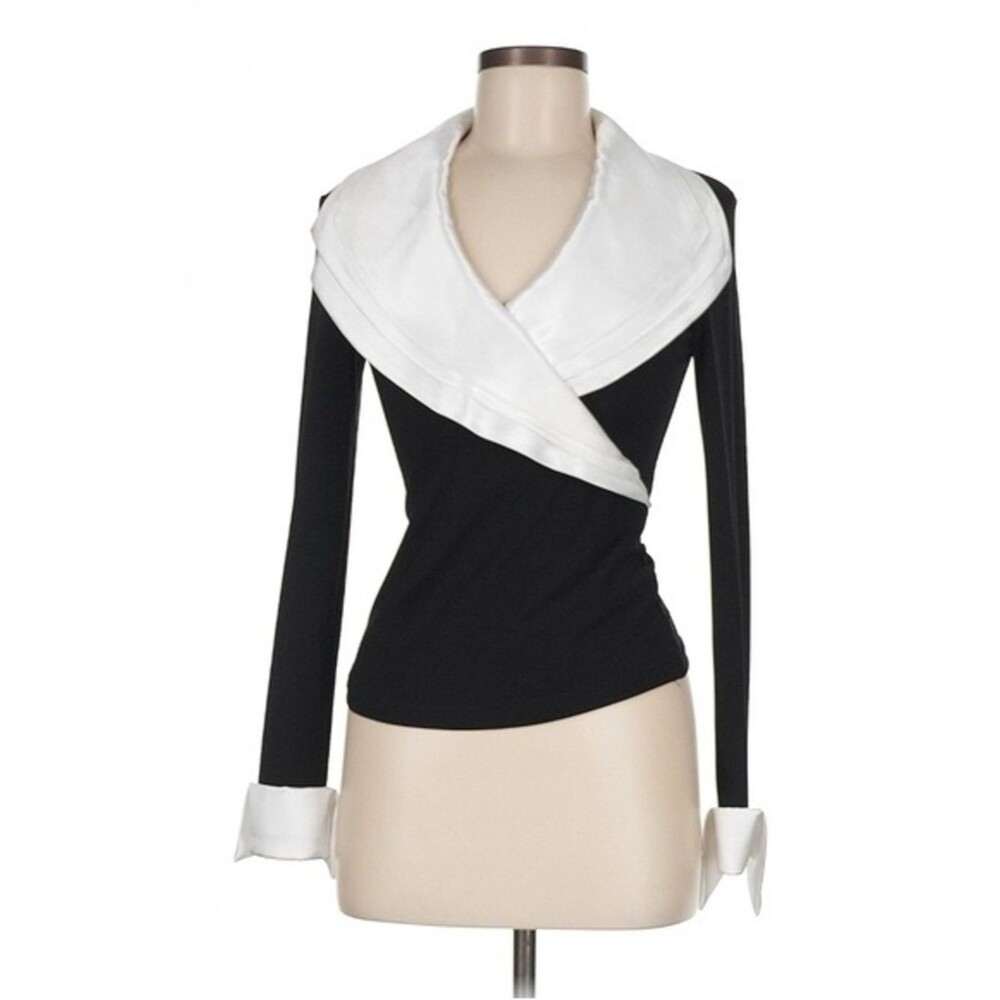 Lafayette 148 Velvet Black and White Silk Collar Wrap Long Sleeve Blouse